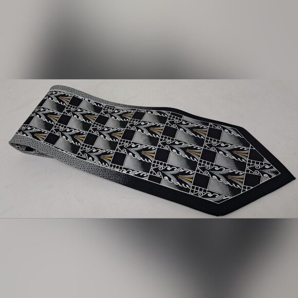 Lou Myles Men's Tie Vintage 70s 80s Art Deco Black Gray Yellow WIDE 4" x 56" - Picture 6 of 8